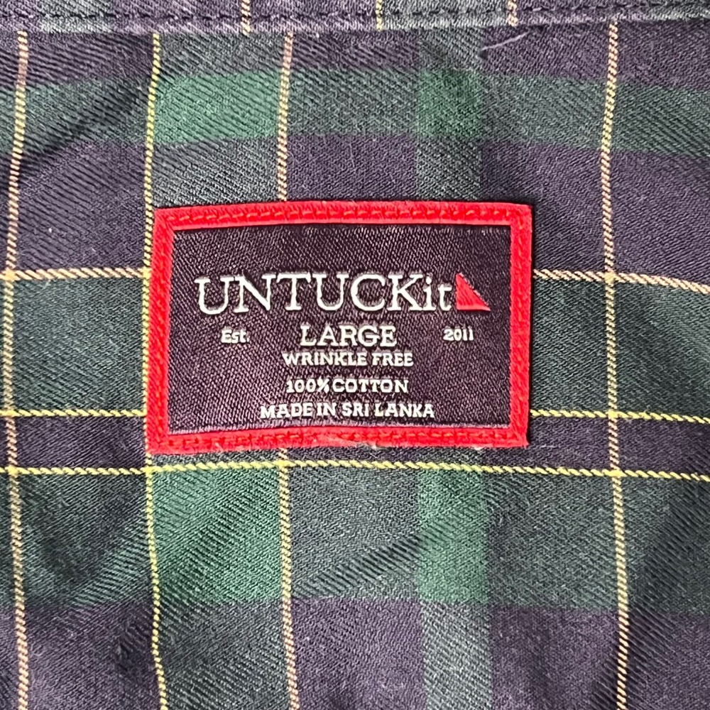 UNTUCKIT Mens Large Langon Green Navy Plaid Wrinkle‎ Free Cotton Dress Shirt - Picture 2 of 6